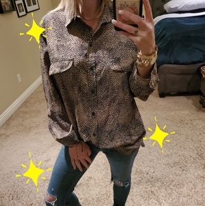 Tan and black spotted print oversize button down